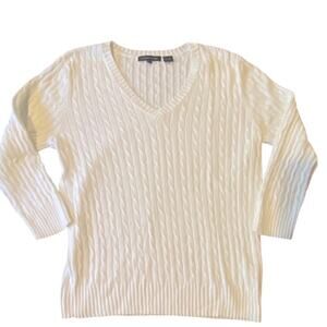 Jeanne Pierre White Cable Knit V‑Neck Sweater Women’s Size Medium